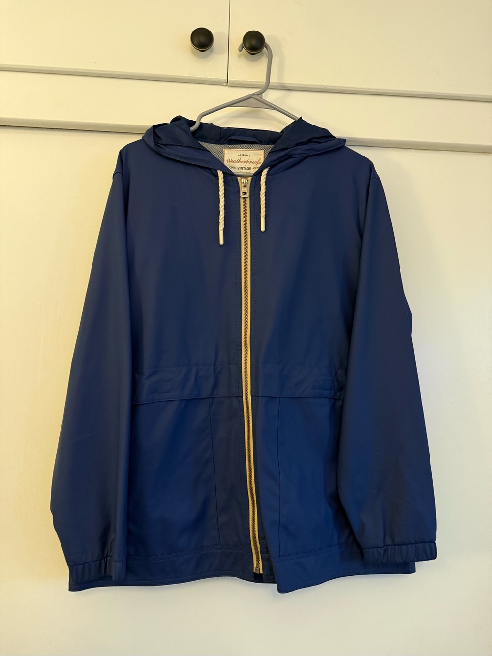 Weatherproof Navy Blue Hooded Trench Coat with Gold Zipper